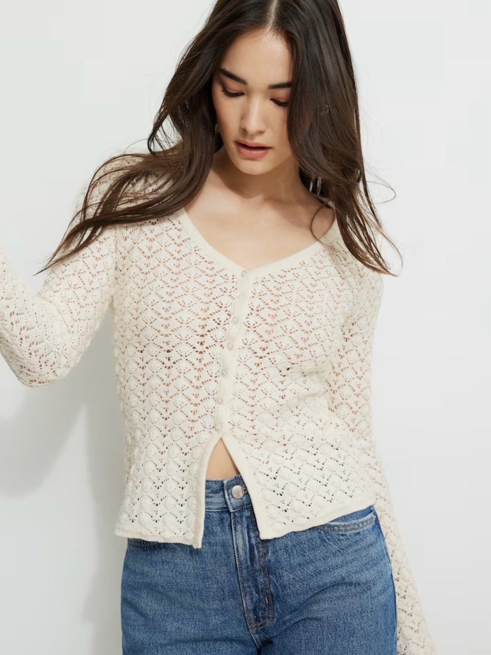 Dynamite Cream Openwork Crochet V-Neck Button-Up Cardigan